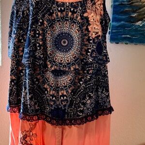 Maurices Midnight Blue and Coral Patterned Blouse